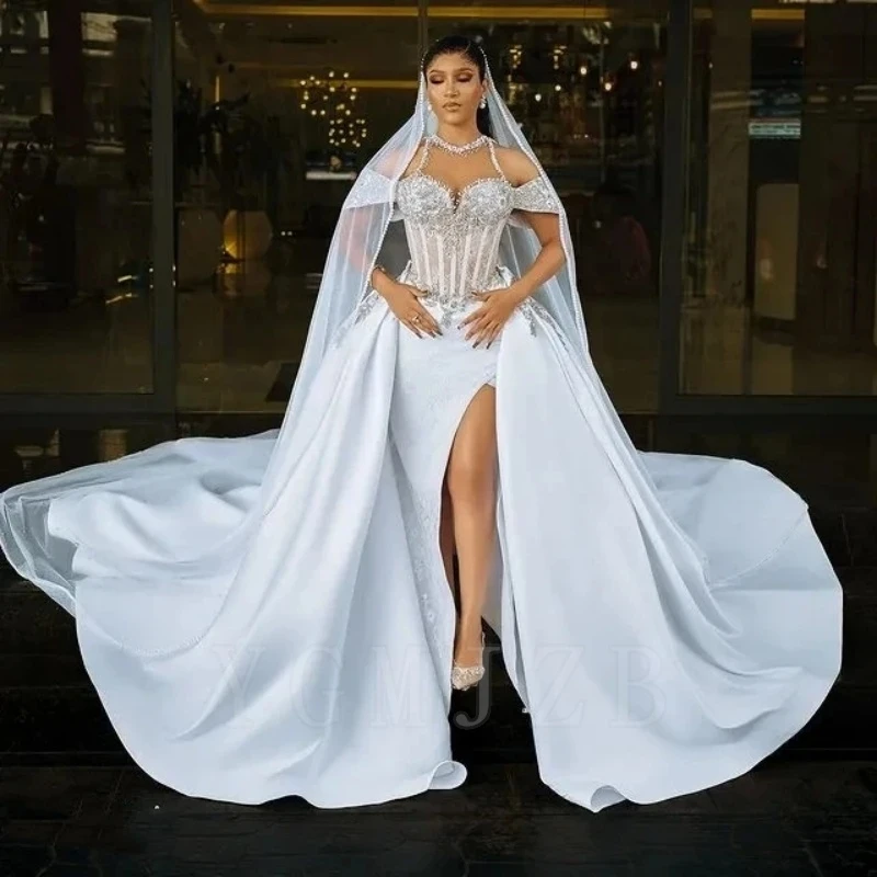 

Off Shoulder Satin Wedding Dresses 2025 for Bride Luxury Mermaid Beaded High Split Detachable Train Bridal Gown Customized