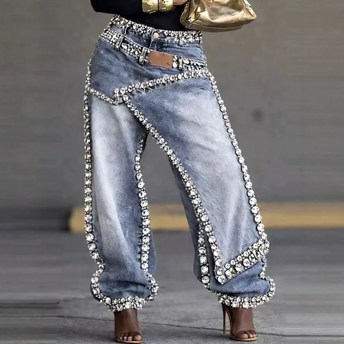 Women's Fashion Rhinestone Wrap Patch Denim Pants Washed Distressed Loose Wide Leg Irregular Overlay Street Casual Trousers