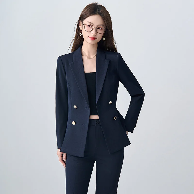Double-Breasted Elegant Commuter Professional Suit Jacket Slim Fit Navy Blue Manager Workwear Hotel Reception Uniform