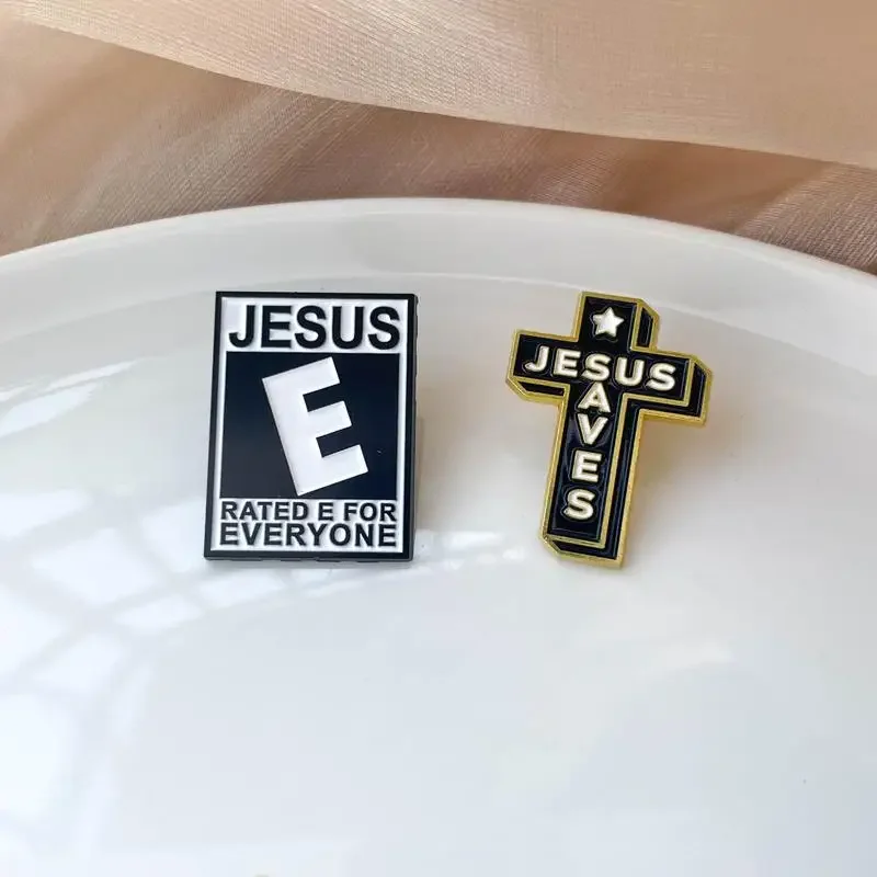 Jesus Saves Cross Enamel Pins Simple Black Tombstone Poster Lapel Badge Classic Coat Brooc Gifts Jewelry For Kids