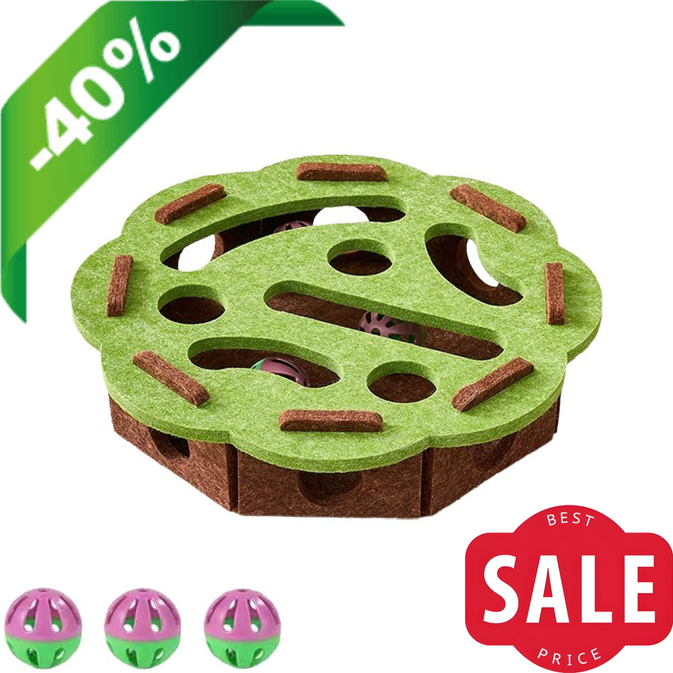  Interactive Cat Puzzle Feeder Toy Felt Maze Box with 3 Jingle Balls for Indoor Cats Kittens Mental Stimulation 