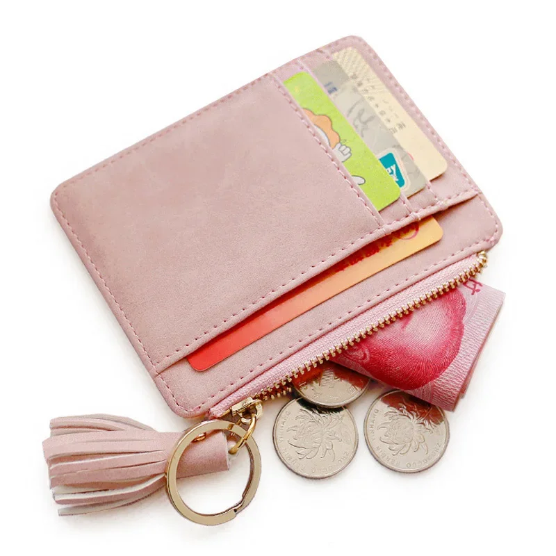 Women Mini Tassel Card Holder Sweet Pink Coin Purse Matt Leather Zipper Coins Wallet Lady Female Small Money Change Bag Pouch