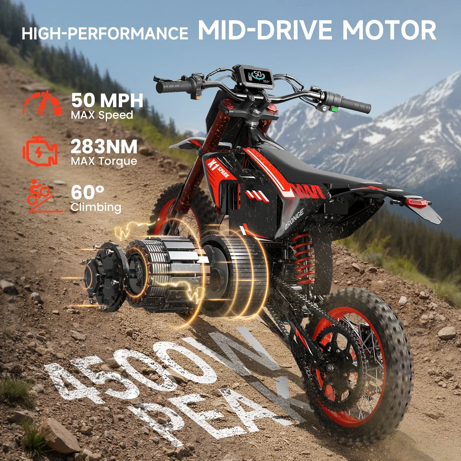 QRONGE X1 Spark Electric Dirt Bike 4500W Peak&Up to 60 Miles 50MPH 60V 28.8Ah Battery E-Bike 14/12