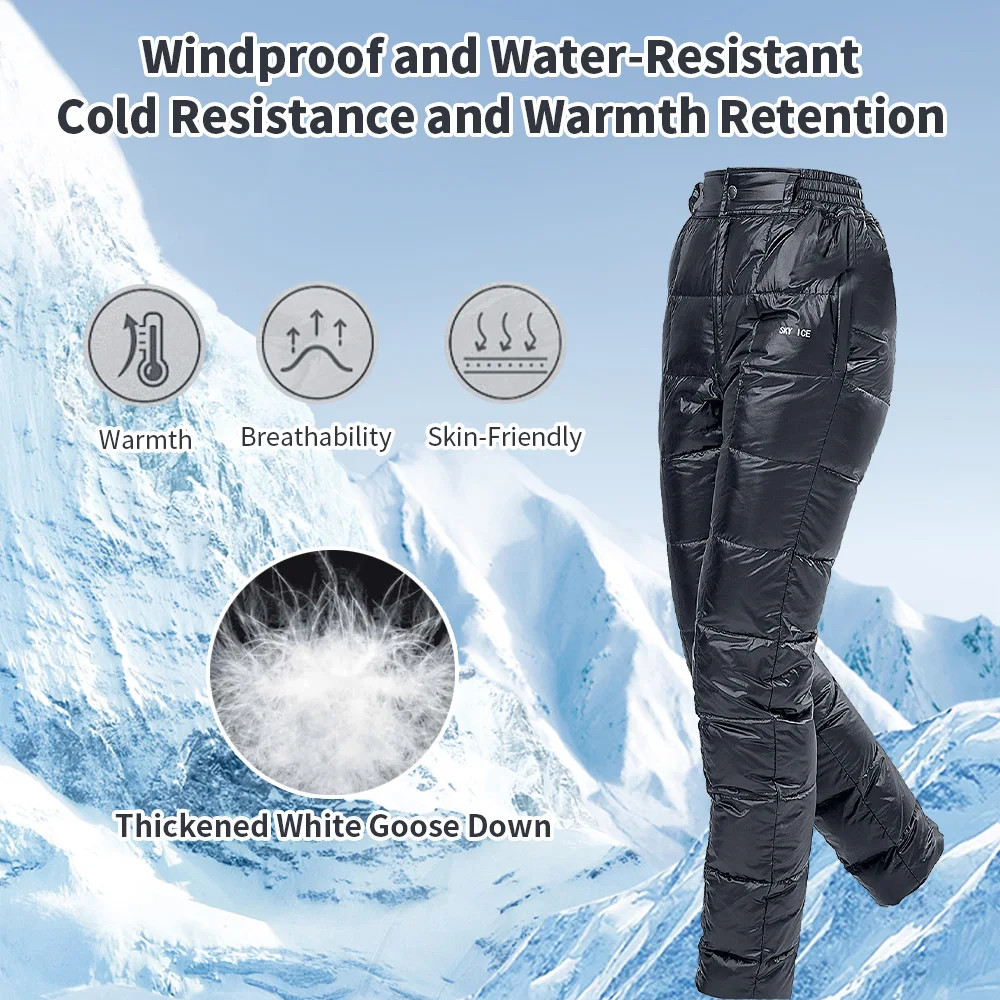 Goose Down Pants Men Women Warm Down Pants Outdoor Waterproof Hiking Pants Lightweight 90% White Goose Feather Filling