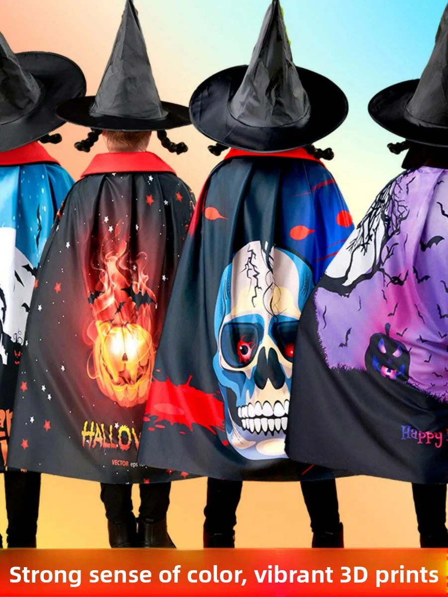 زي تنكري للأطفال لعيد الهالوين، زي ساحر وساحرة مع قبعة، طباعة ثلاثية الأبعاد، ملابس أداء من مادة البوليستر #5