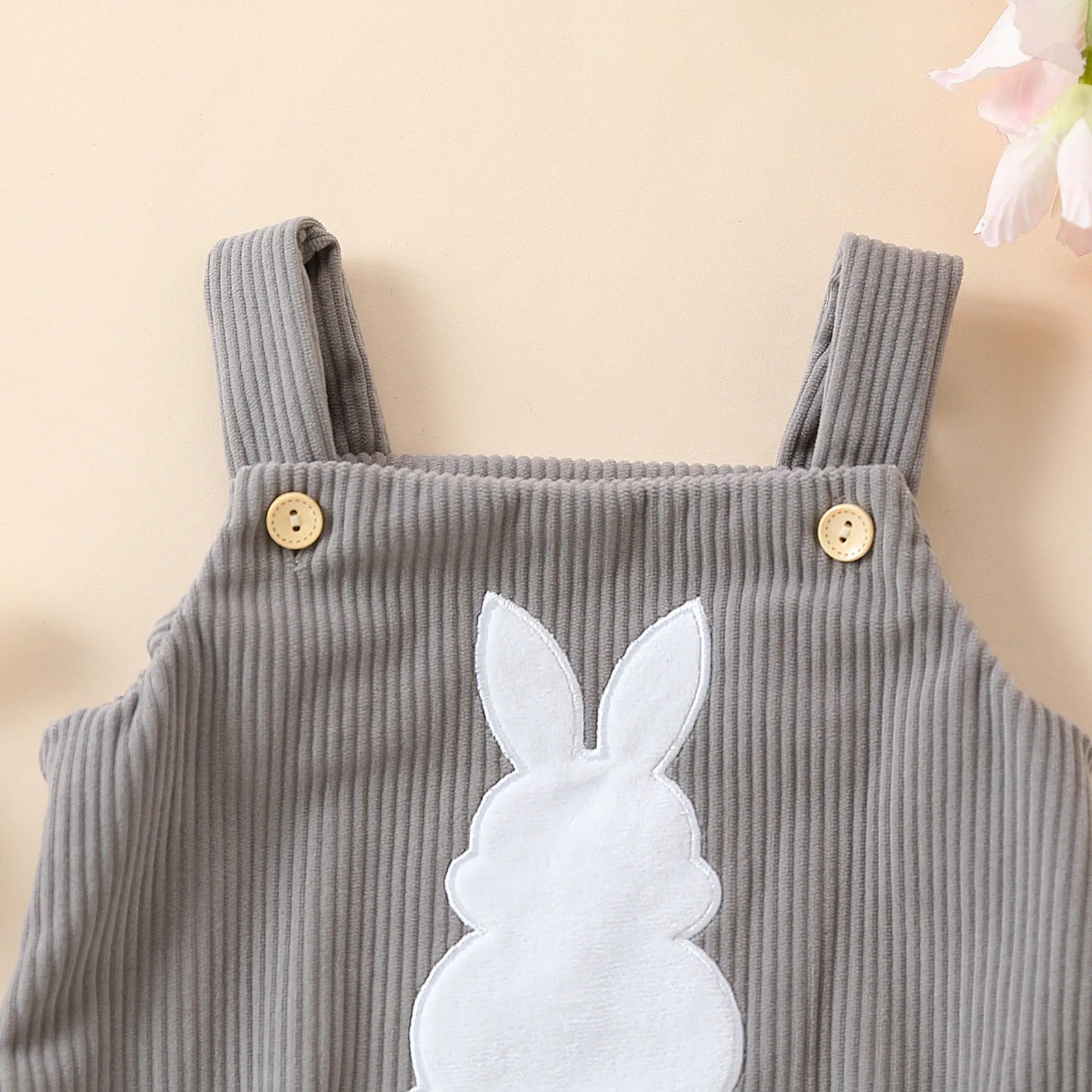 Newborn Baby Girls Boys Easter Corduroy Romper Square Neck Button Down Rabbit Patch Appliques Tank Top Jumpsuit Overalls 0-18M