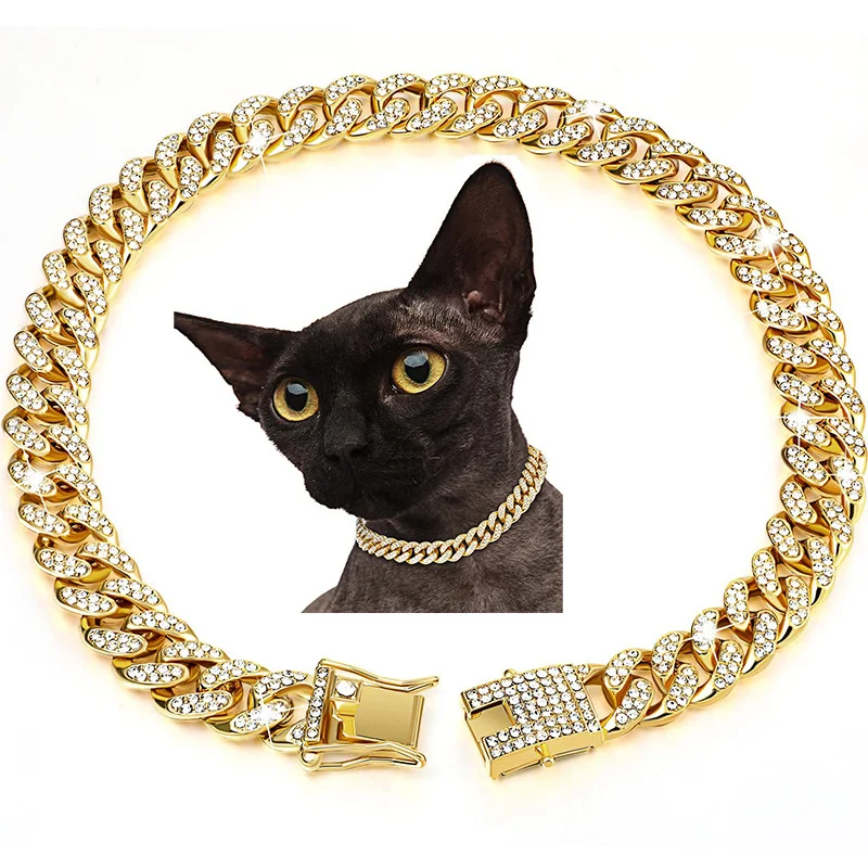 Rhinestone Dog Collar Luxury Metal Chain for All Breeds Dogs Cats Cuban Link Necklace Hip Hop Big Gold Chain