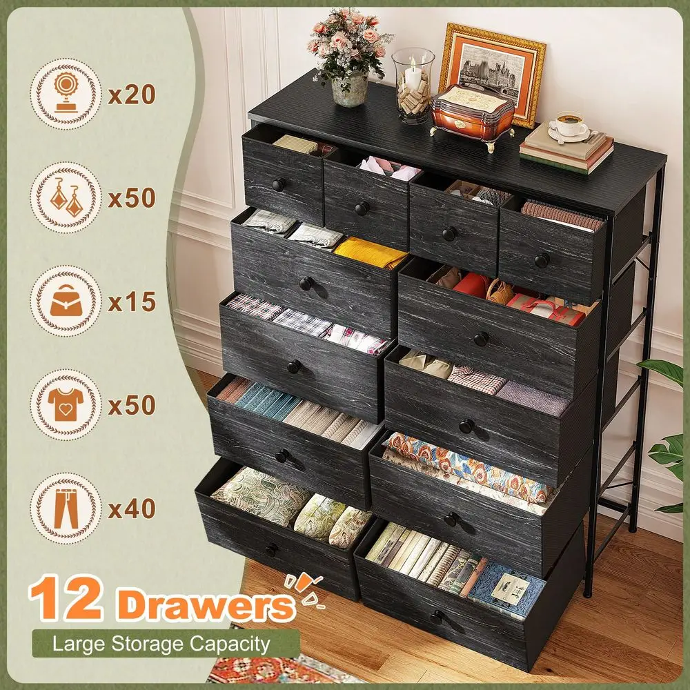 Dresser For Bedroom With 12 Fabric Drawers, Tall Dresser With Wooden Top Metal Frame, Bedroom Dresser, Dressers Chests Of Drawe