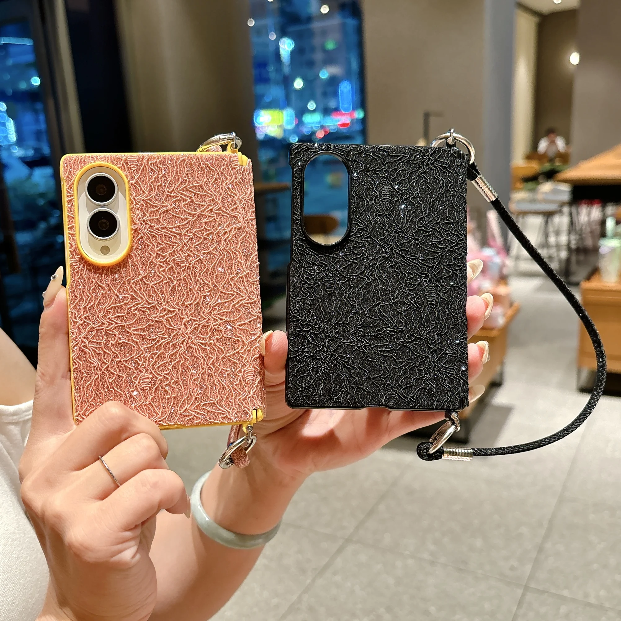 Fashion ‌Glitter Lace Pattern Leather Case‌ for Samsung Galaxy Z Fold8 Fold 8 Hinge Protection‌ Shockproof Slim fit Strap Cover
