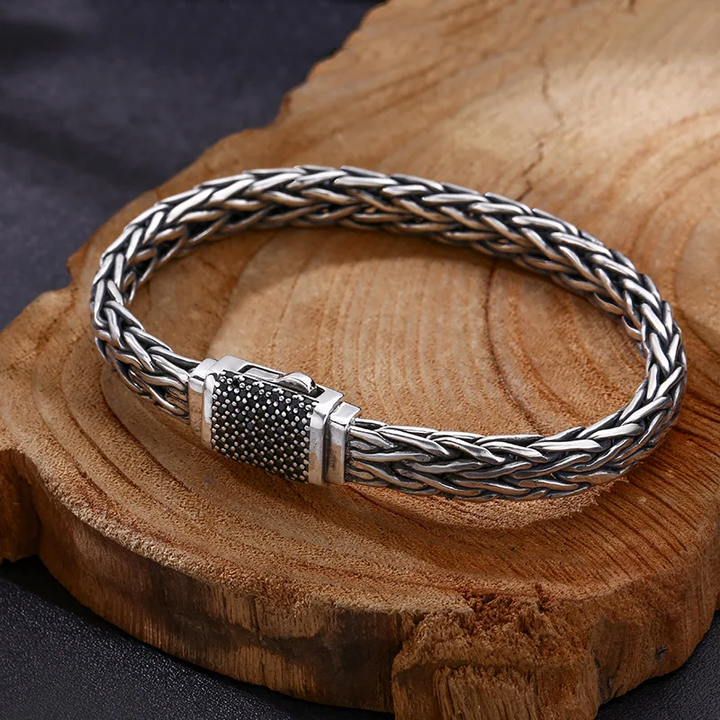 hand-woven inlaid stone hemp rope bracelet men and women trendy Thai silver retro retro style personality ornament