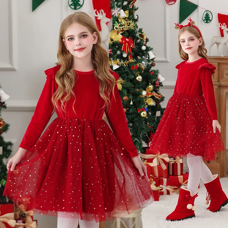 

Kids New Year Party Dress Long Sleeve Stars Mesh Spliced Princess Dress Christmas Performance Clothes Children's Winter Clothing