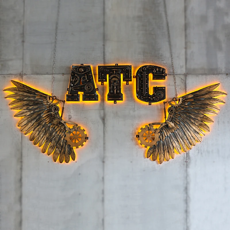 Industrial style wall decoration bar restaurant creative retro three-dimensional metal wings background wall wrought  pendant