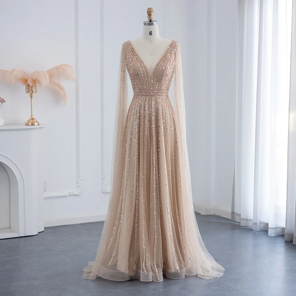 Sharon Said Luxuriöse Champagner-Abendkleider mit Cape-Ärmeln, Arabisches Grün-Nude Ballkleid für Damen, Hochzeitsfeier SS322 Maßanfertigung – Detail 8