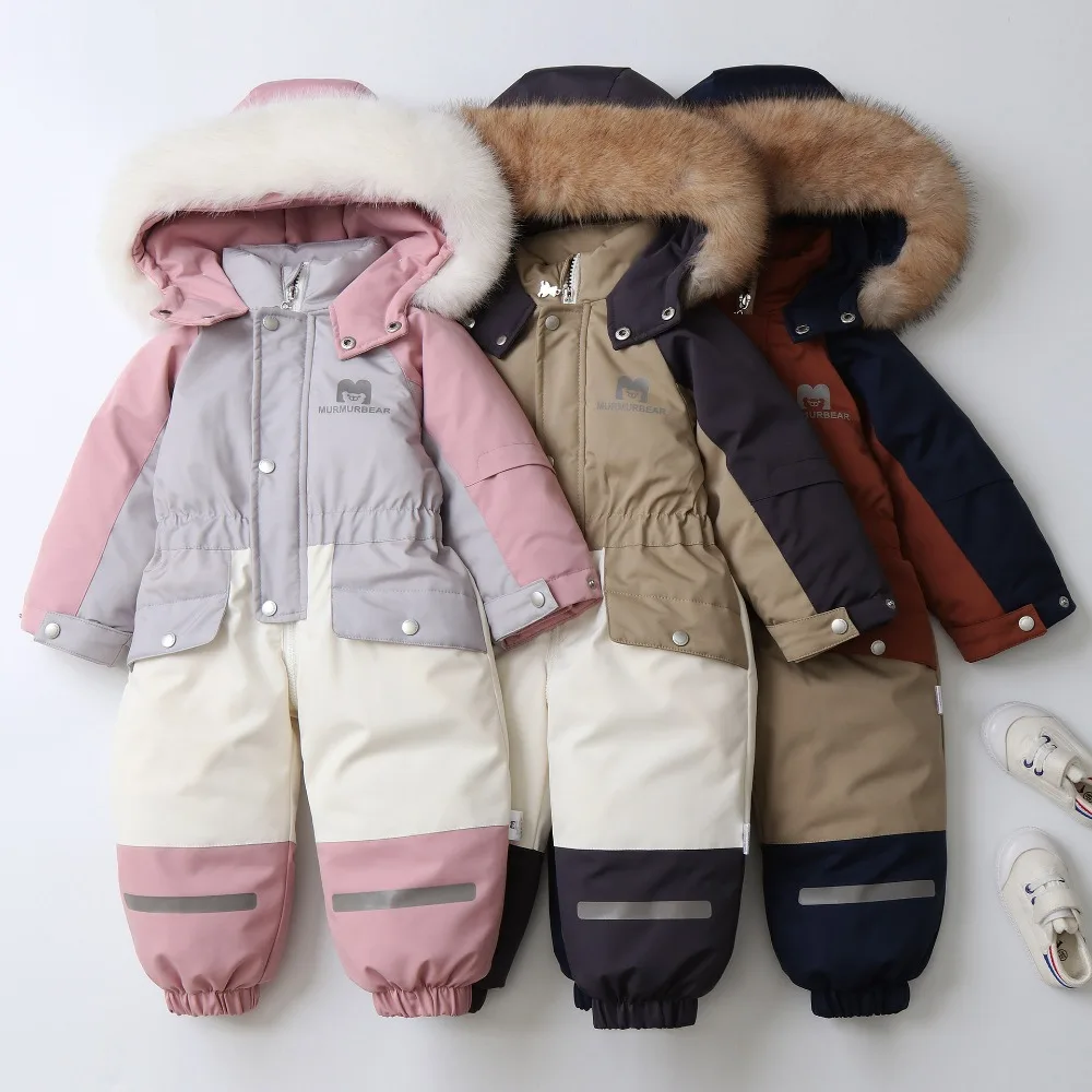 

2025 Winter Childrens Clothes Snowsuit Boys Fur Lining Playsuits Thicken Kids Snowsuit Hooded Ski Suit Girls Warm Jumpsuit 2-5Y