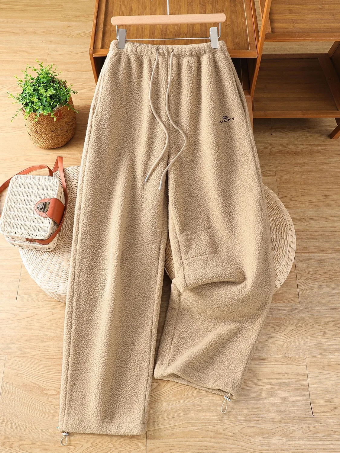 Thiened Fce taille haute pantalon à jambes larges femmes automne hiver nouveau Sle pantalon décontracté ample chaud peau d'oreille Simulation