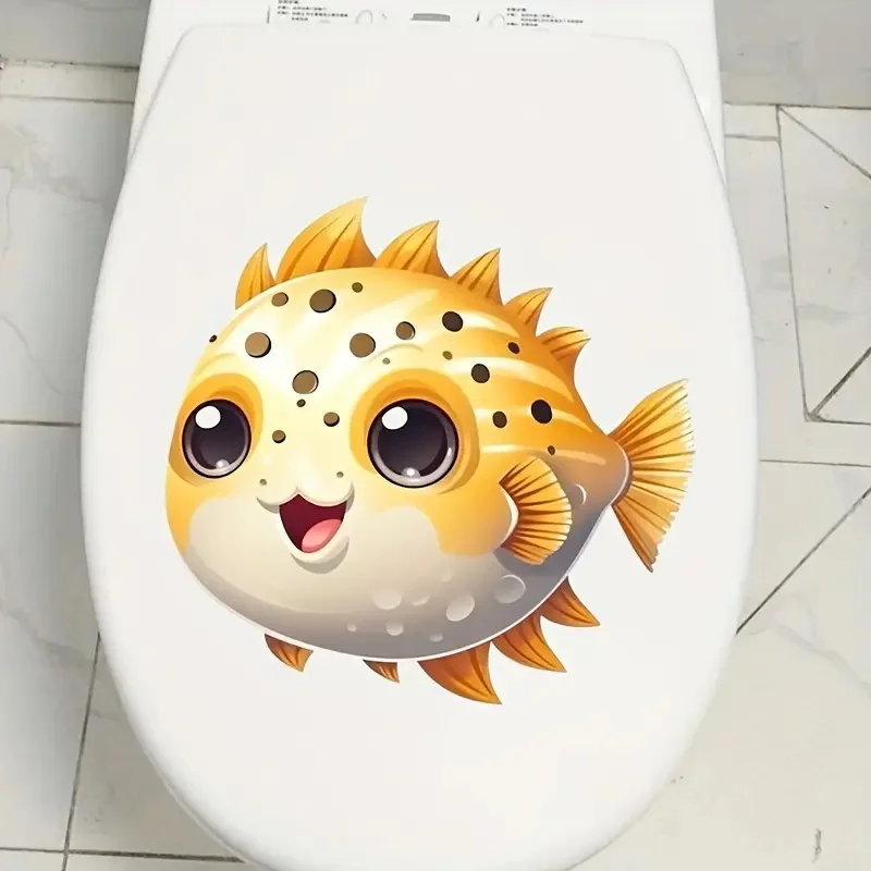 

Animal Print Puffer Fish Bathroom Toilet Lid Decal, Self-Adhesive PVC Sticker Wall Art Decor For Cabinet, Door,Refrigerator，Car