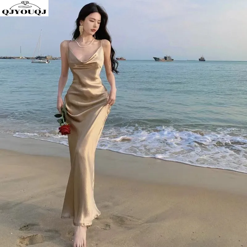 

2024 Spring/Summer Celebrity Charm Fishtail Evening Dress Long Dress High end Sexy French Satin Strap Dress