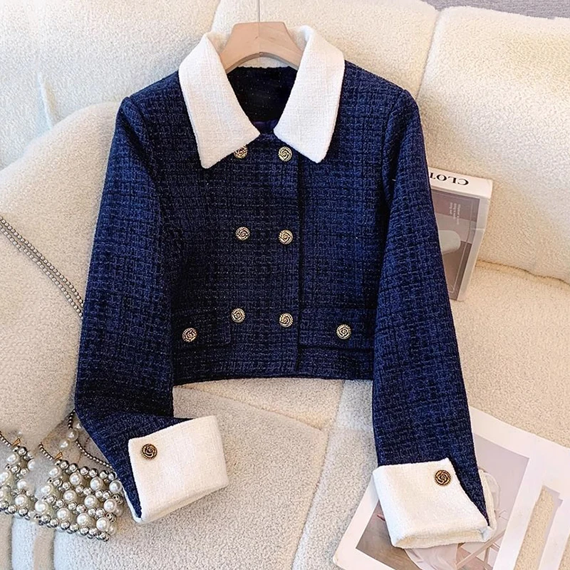 2025 Autumn Spring Two Piece Skirt Set Small Fragrance Cotton Double Breasted Tweed Jacket with Elegant Plaid Skirt Two-piece Se