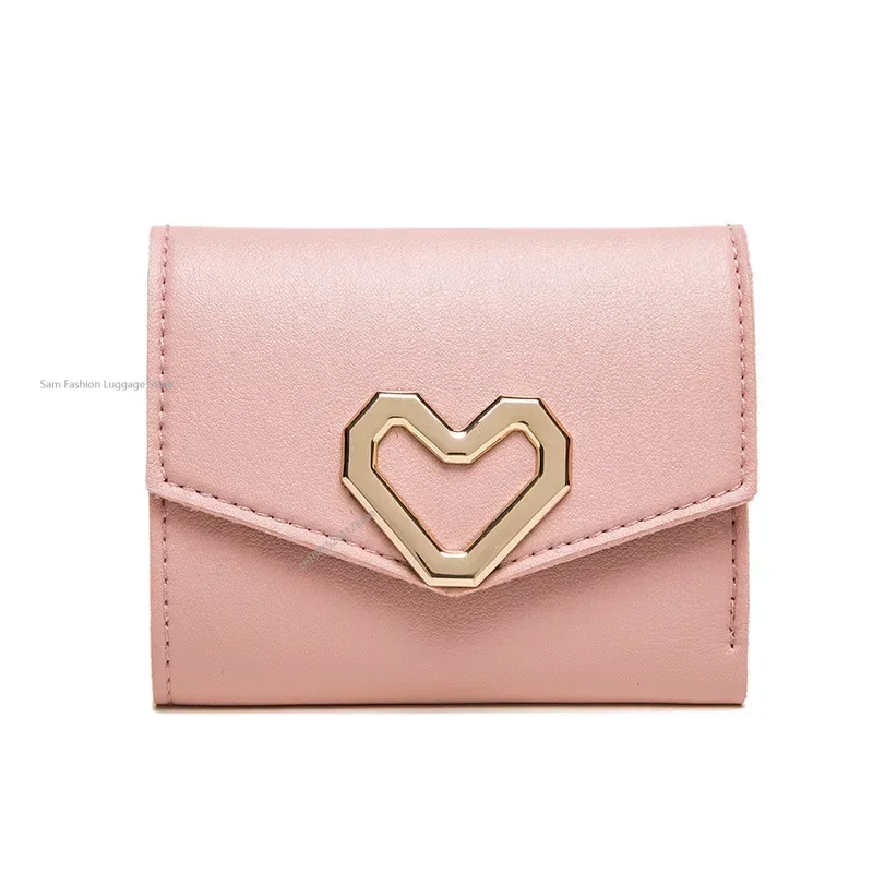 Fashion Women Heart Buckle Short Wallet Multifunctional Folding Purse Card Holder Cute PU Leather Slim Simple Female Purse