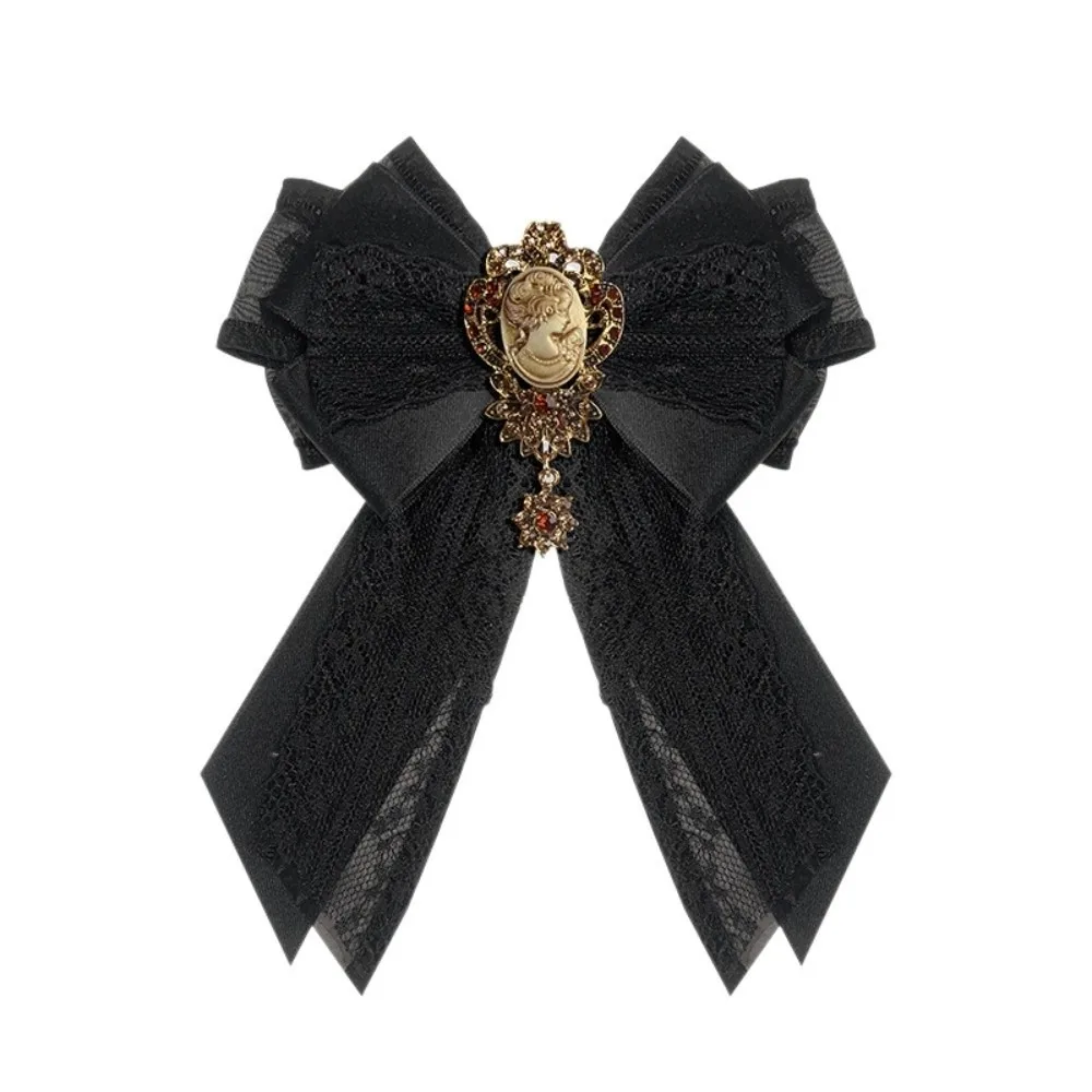Alloy Lace Ribbon Bow Tie Enchase Design Multi-layered Vintage Lolita Necktie Brooch Solid Color Decoration Shirt Tie Women
