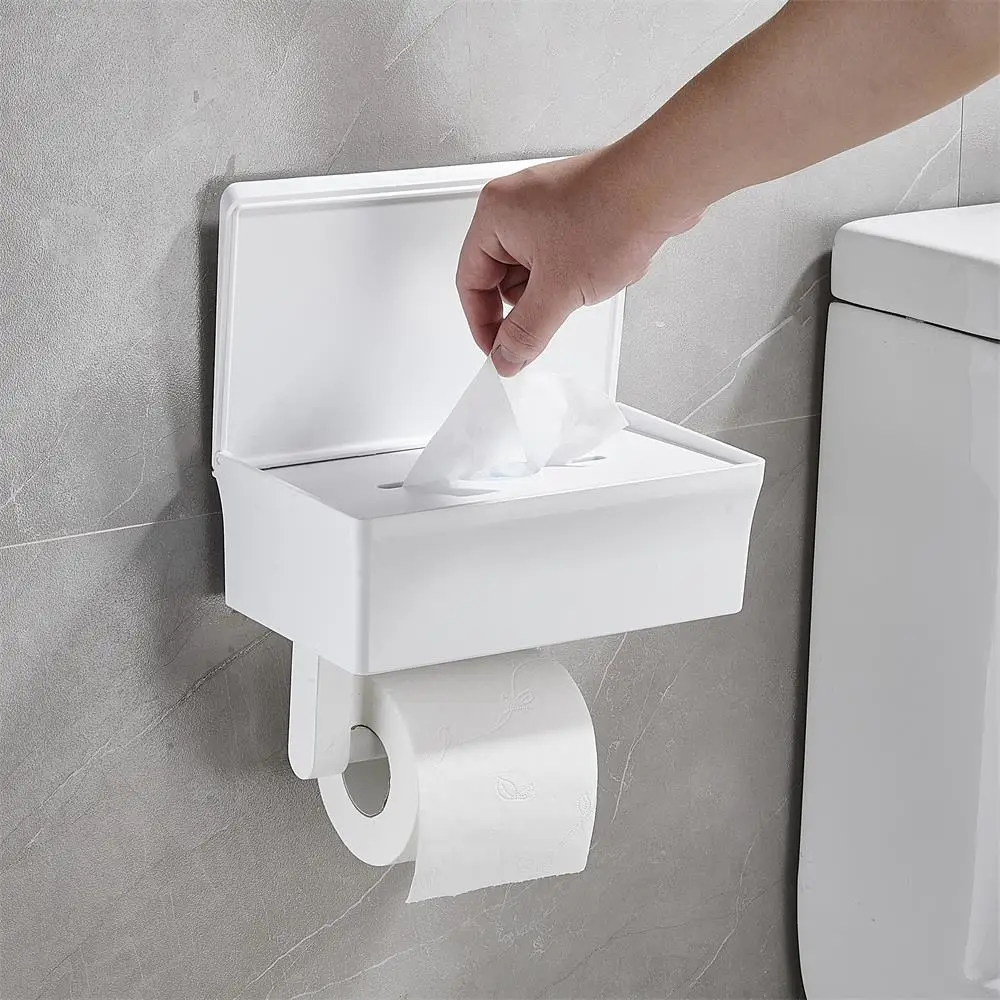 

2 In 1 Home Toilet Paper Holder Bathroom Adhesive Shelf with Shelf and Storage Box Wall Mount Toilet Accessories
