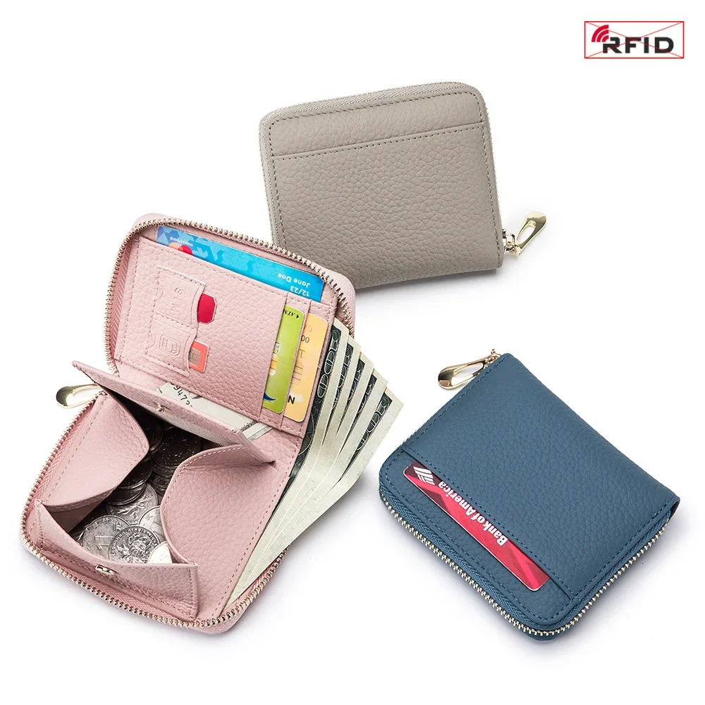 Cartera RFID para mujer, cartera corta multifunción, plegable de cuero genuino y bolsillo para monedas con protección de viaje antirrobo