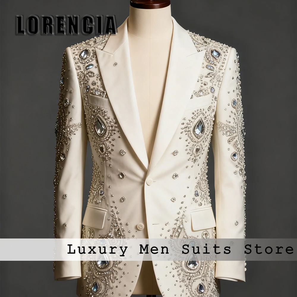 Elegant Crystal Suits for Men 2 Pieces Diamond Tuxedos Set Wedding Party Groom Outfits Customized Blazer Pants fatos de homem