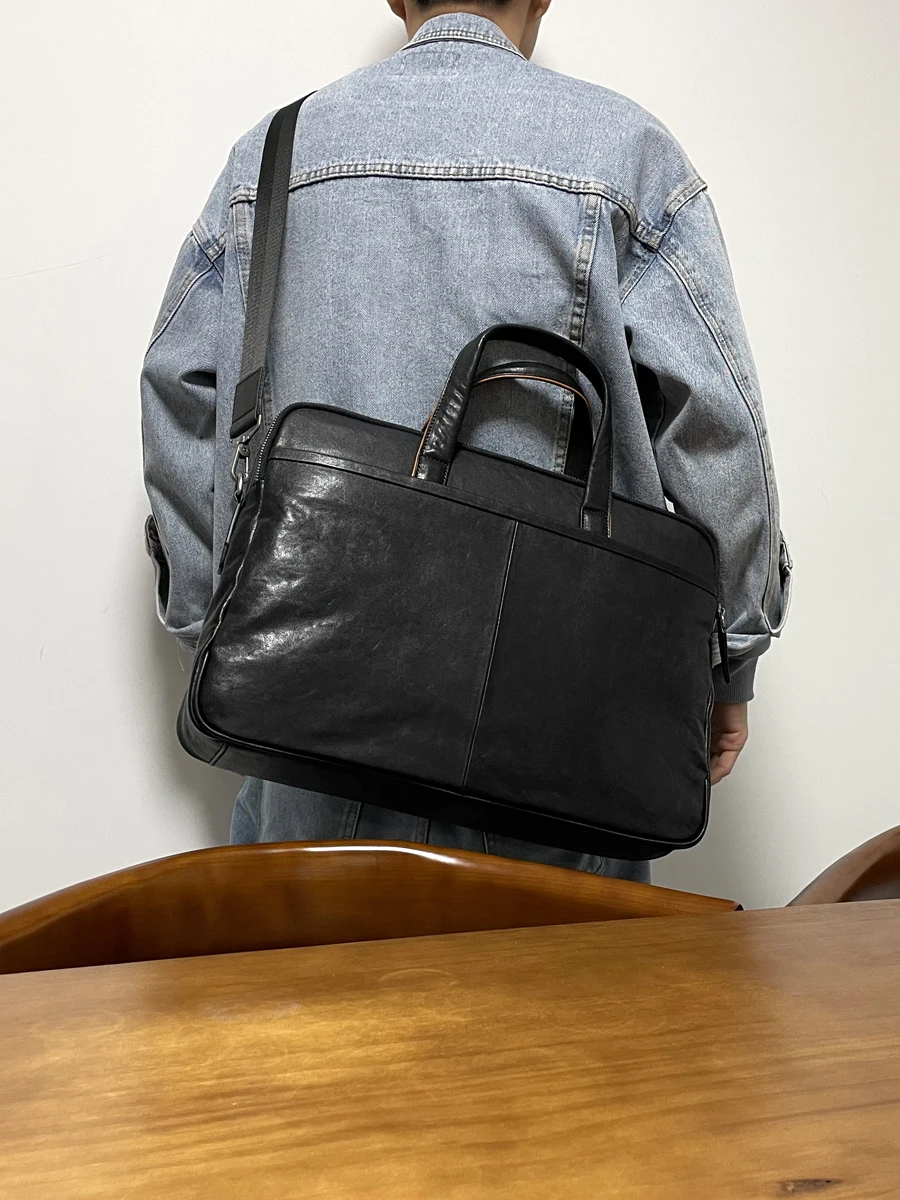 Semplice e casual in pelle bovina conciata al vegetale da uomo e da donna, valigetta nera da viaggio d'affari, borsa per laptop da 15 pollici in vera pelle di lusso