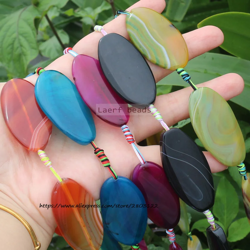 7pcs Around 25x50mm  Natural  Agate Oval shape Many Color Loose beads 15inch ,For DIY Jewelry Making !