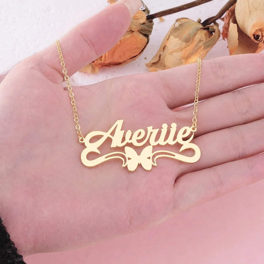 Custom Name Butterfly Necklace Personalized Cursive Nameplate Necklace Stainless Steel Jewelry Best Gift For Mama Girlfriend