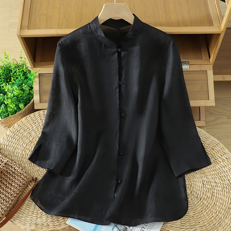 

2026 New Summer Soft Cotton Linen Blouse Women Chinese Style Elegant Single Breasted Loose Shirts Stand Collar Thin Tops
