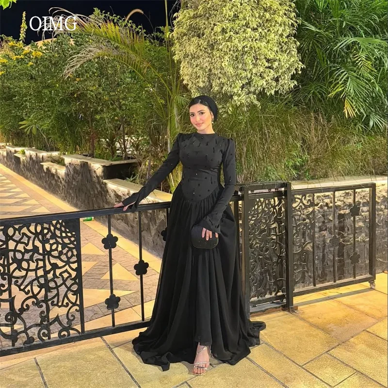

OIMG Vintage Black High Neck A Line Prom Gowns Chiffon Long Sleeves Eid Party Gown Floor Length Evening Dress Customized