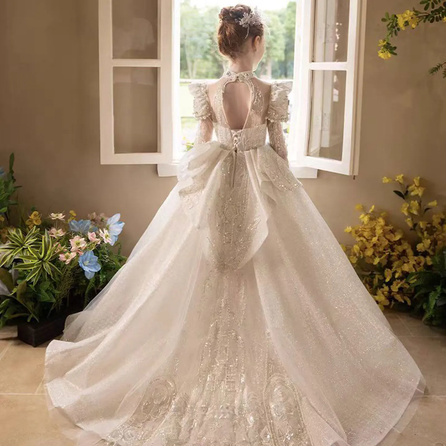 Jill Wish J151 Luxury White Flower Girl Dress Long Sleeve Lace Beads for Kids Princess Wedding Pageant Birthday Party Ball Gowns