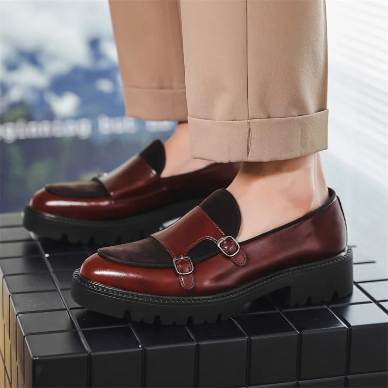 2025 Fashion Men\'s Casual Leather Shoes Men Classic British Style Monk Loafers Mens Slip-on Thick Sole Heightened Shoe Patchwork
