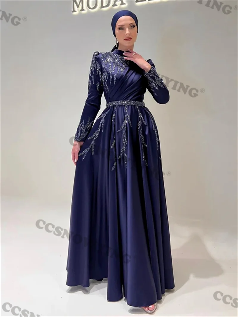 

Navy Blue Satin Beaded Muslim Evening Dresses Islamic Long Sleeve Prom Formal Party Gown Women Arabic Dubai Robes De Soirée