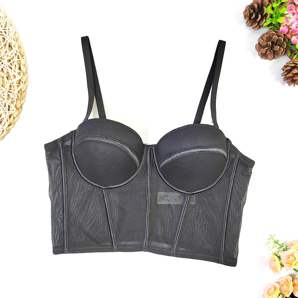 Women Boned Mesh Bustier Corset Crop Tops Push Up Bra Summer Sexy​ Sleeveless Bodices Halter Tank Top Slim Camisole Back Buckle