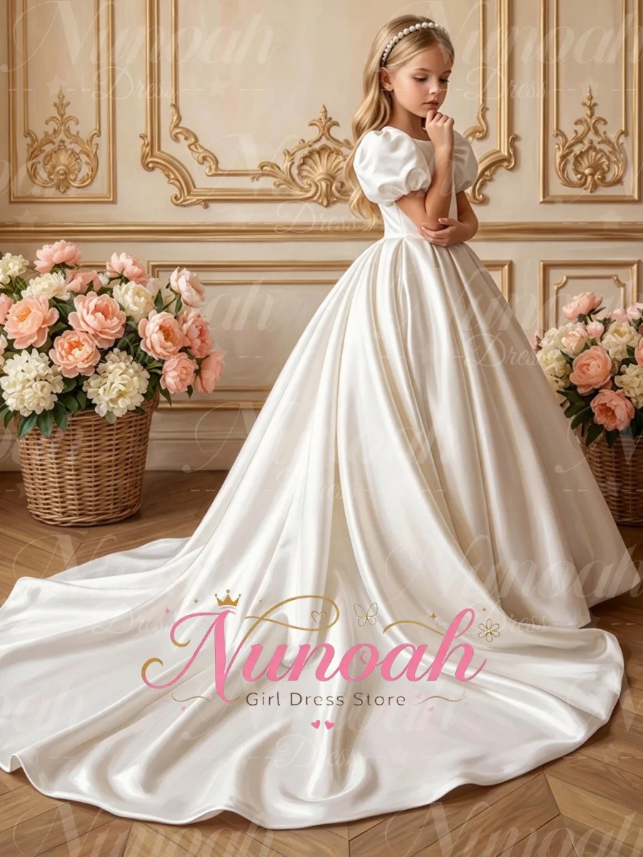 Ivory Satin Flower Girl Dresses for Wedding Backless Floor Length Baby Girl Gown for Photoshoot First Communion Gown Customized
