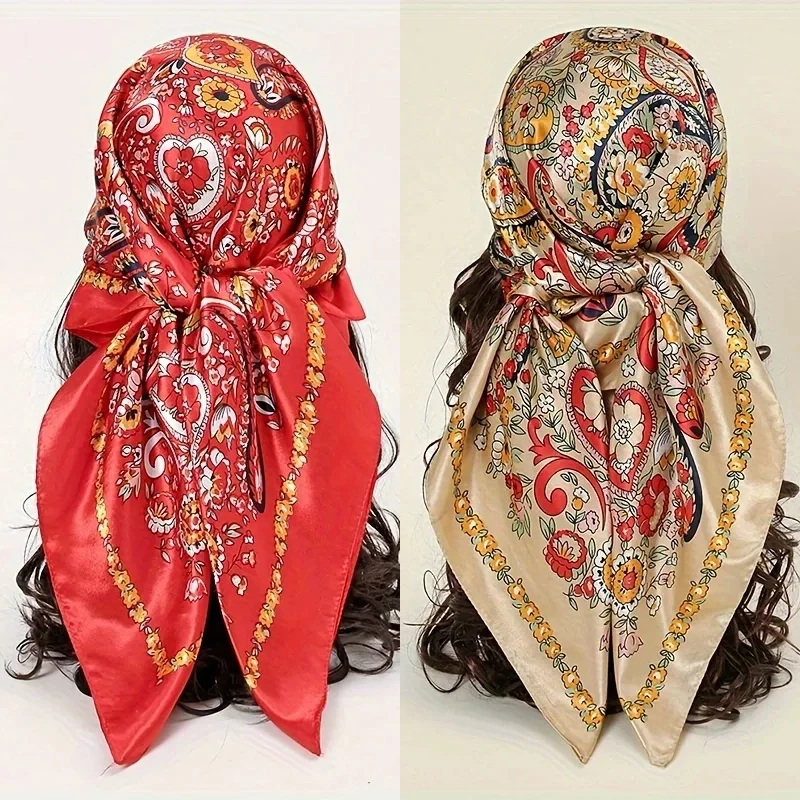 

90*90cm Paisley Printed Square Scarf Luxury Women Satin Shawl Wrap Hijab Female Neck Hair Neckerchief Echarpe Bandana Bag Warp