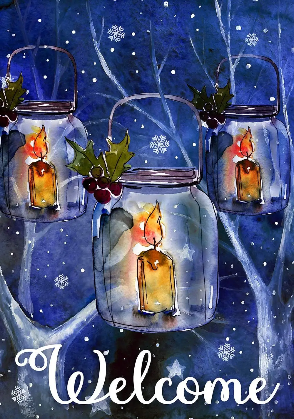 Texupday Welcome Candle Mason Jar Winter Snowy Night Garden Flag Outdoor Yard Flag 12