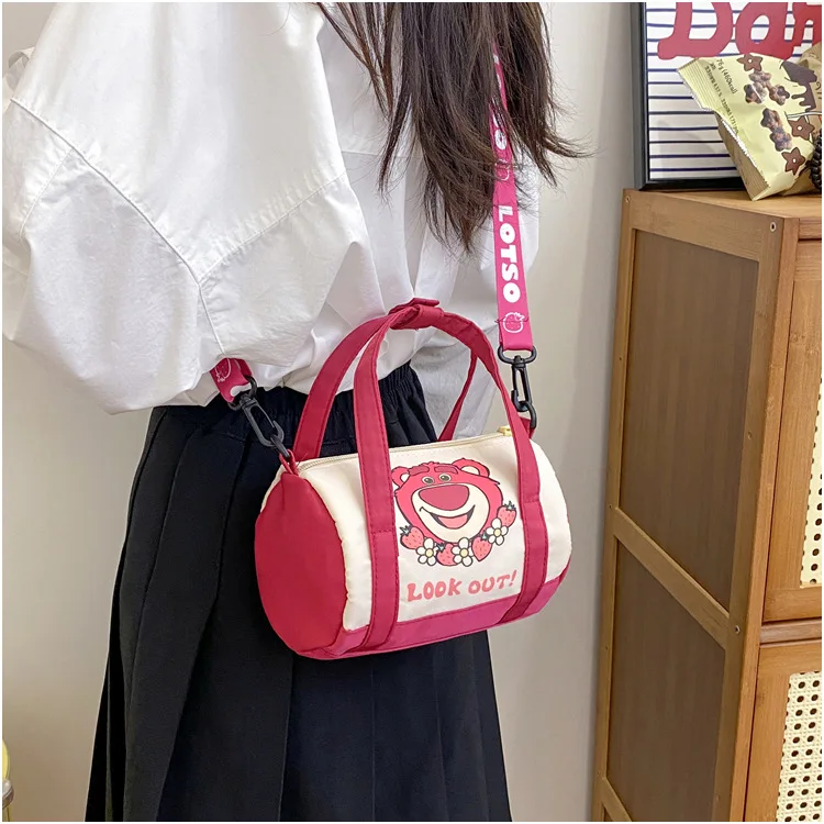 Disney Stitch Canvas Bucket Shoulder Bag Cartoon Lotso Strawberry Bear Lightweight Parent-child Shoulder Bag Trend Tote Bag