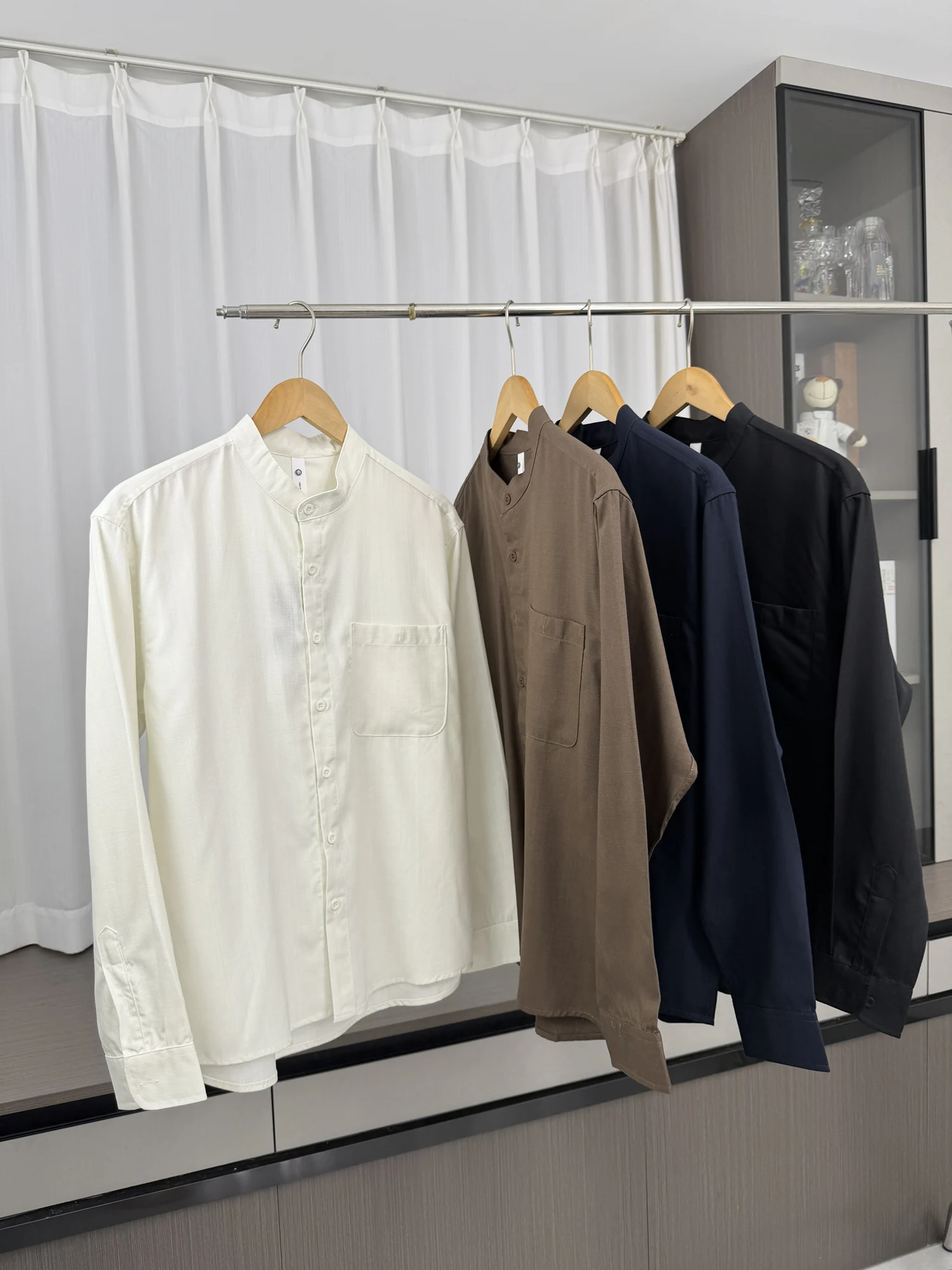 Comfortable Long Sleeve Rcelle Fabric Shirt Men's Fashion Urban Style Pure Color Breathable Stand Collar Casual Shirt