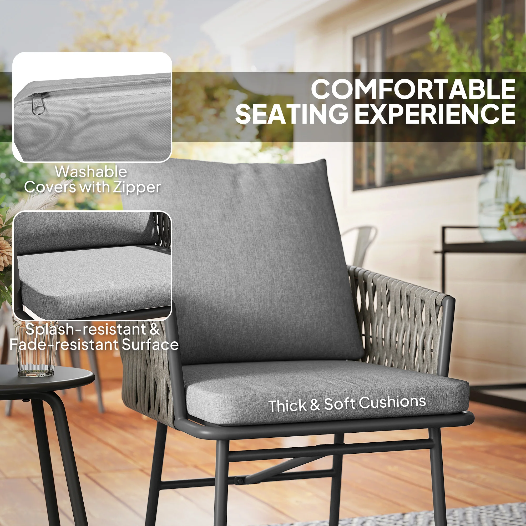 Outsunny 3-Piece Rattan Bistro Set, Garden Table and Chairs with 4 Cushions, Grey