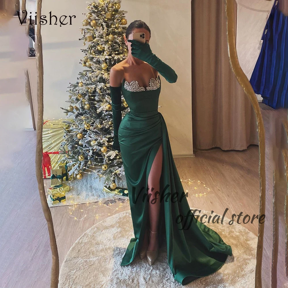 

Green Mermaid Evening Dresses with Sleeve Beaded Satin Sweetheart Prom Dress Leg Split Sexy Formal Occasion Gowns