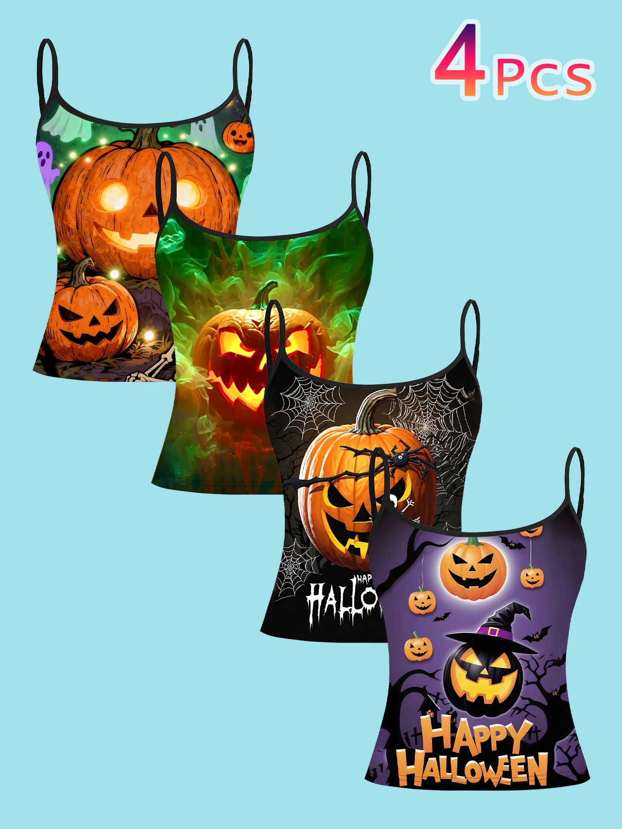 4-Pack of Atmospheric Halloween Glowing Pumpkin Women's Camisoles with Ghost Spider Web and Happy Halloween Text Print, Slim-Fit Spaghetti Strap Short Camisole Tops