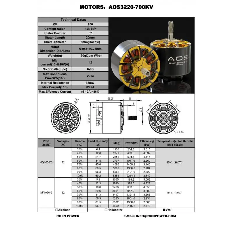 

Rcinpower Aos Supernova 3220 Motor-700kv 6-8s 925kv 5-6s Шестерня для крыла/дрона Cinelifter с 10-дюймовым пропеллером 1050 Lifter