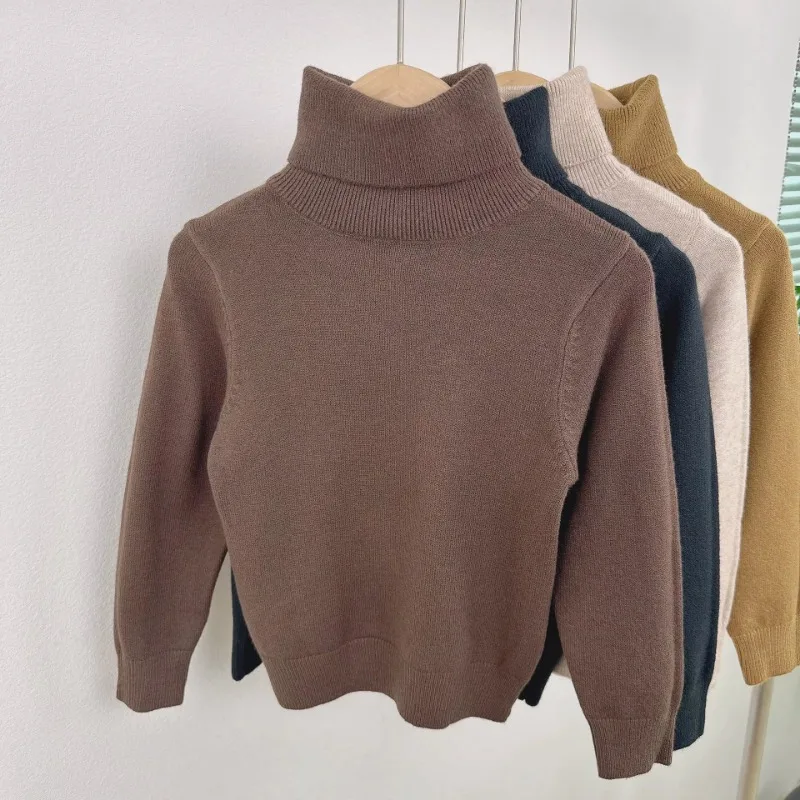 Children High-neck Knit Top Boys Girls Long-sleeve Sweater Kids Base Layer Warm Clothing Plain Color Knit Versatile Comfortable