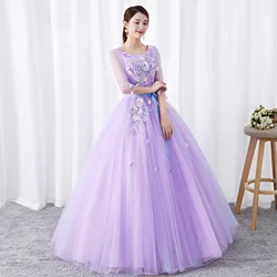 Light Purple Lace Appliques Flowers Tulle Prom Dress 2024 Half Sleeves Party Gown for Women Tulle Quinceanera Dresses Blue Belt