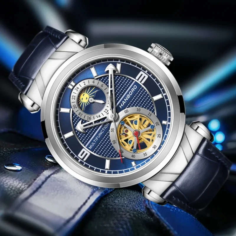 HANBORO Men Automatic Watch 43mm Mechanical Wristwatch Skeleton Dial 50M Waterproof Sapphire Mirror 24 Hours Dial