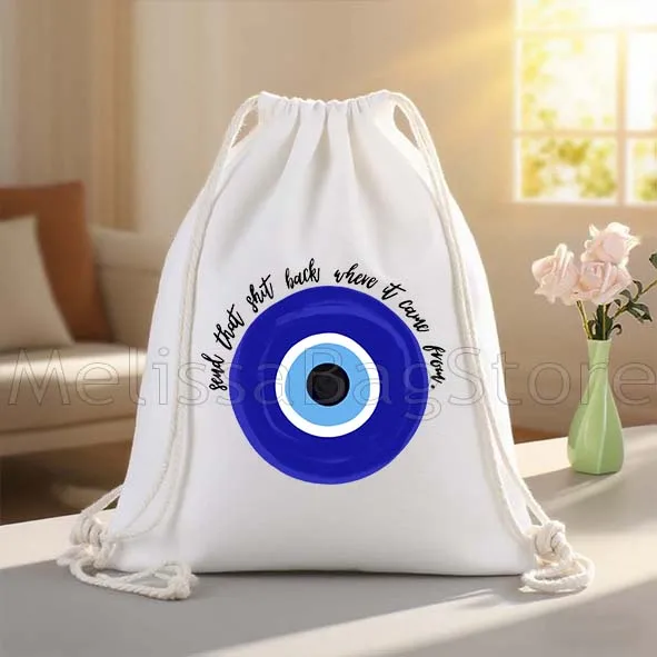 Mati Blue Evil Eye Charm Circles Greek Canvas Drawstring Bags Soccer Backpack Gym Sackpack Gifts String Bag for Hiking Sports