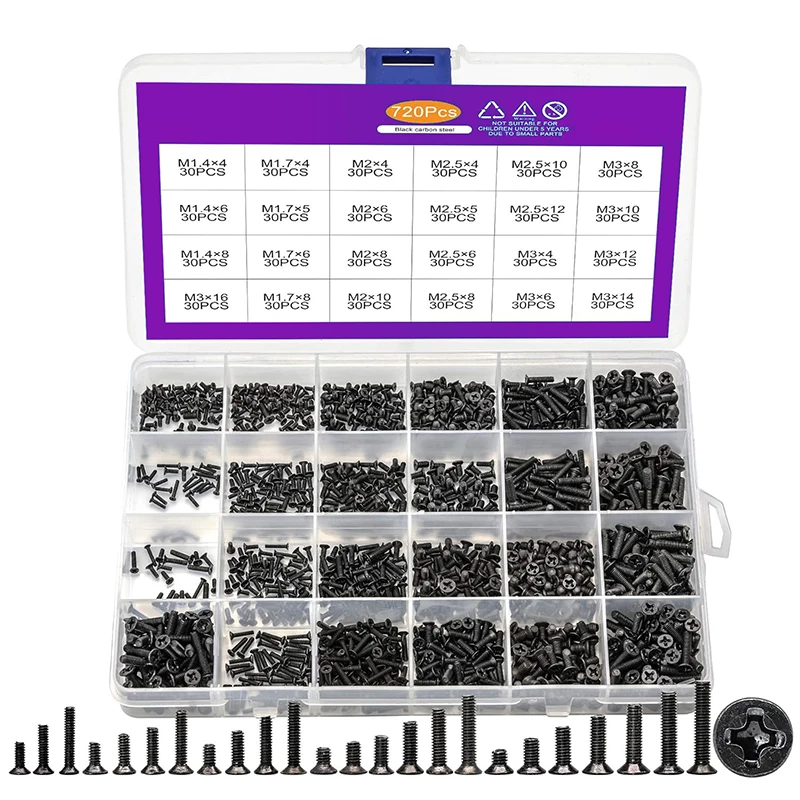 720Pcs Phillips Countersunk Flat Head Screw Set M1.4-M3 Carbon Steel Mini Screws Kit Computer Notebook Laptop Repair Parts